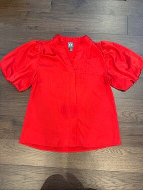 Worthington Red V-Neck Blouse with Puff Sleeves Size Small - C27-126